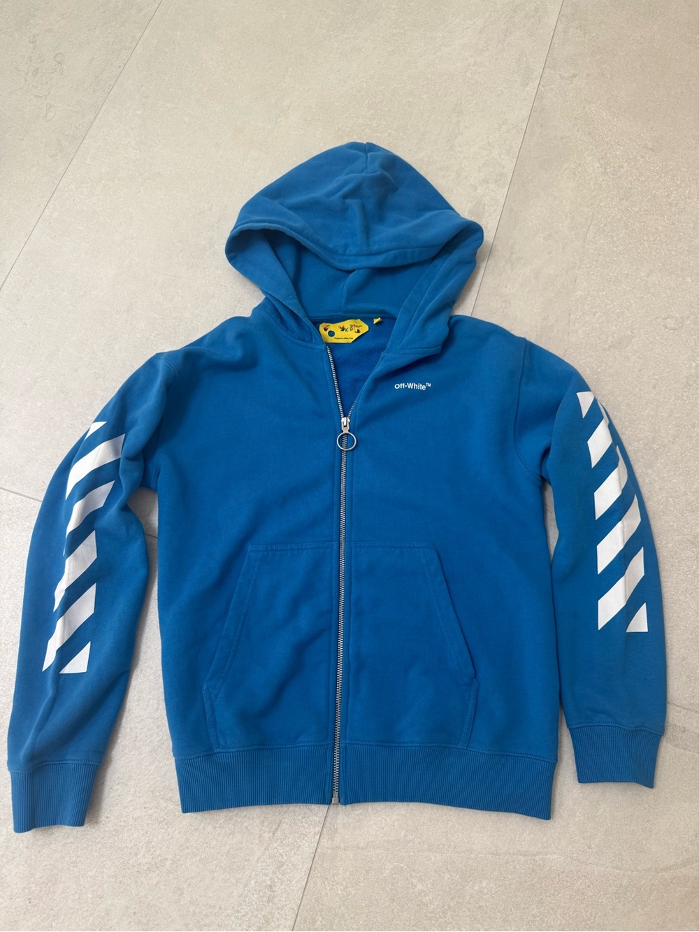 Off-White Kids Royal Blue Zip Hoodie with White Sleeve Arrows